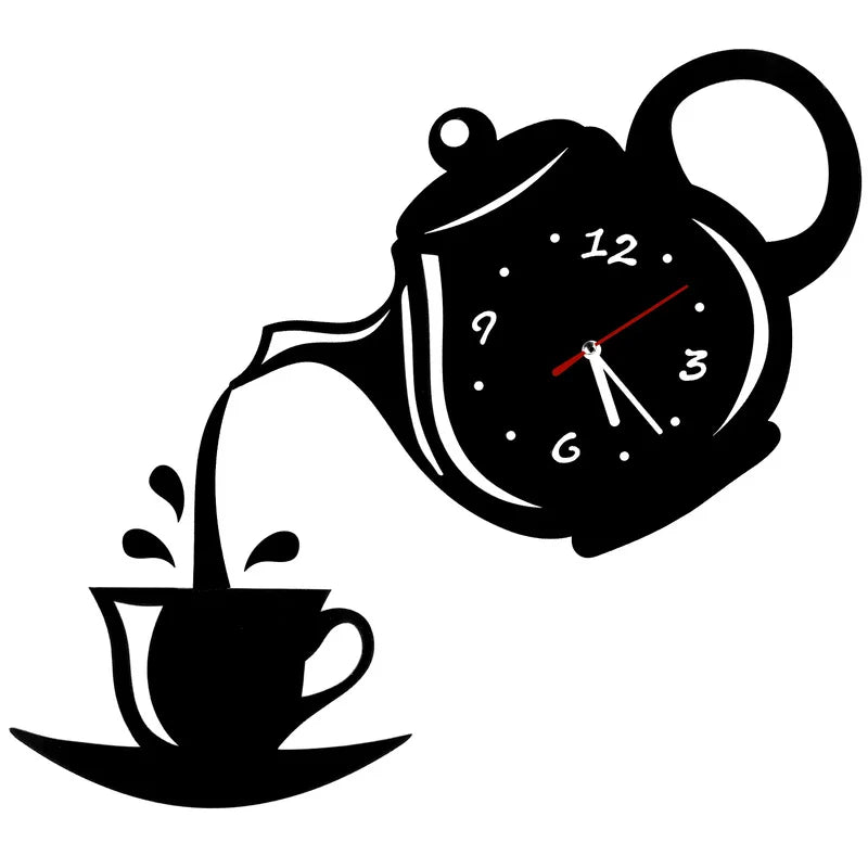 3D DIY Teapot Shape Wall Clock Acrylic Mirror Clock Modern Kitchen Home Decor Wall Sticker Hollow Digital Clock watch home clock Beauty World Shop