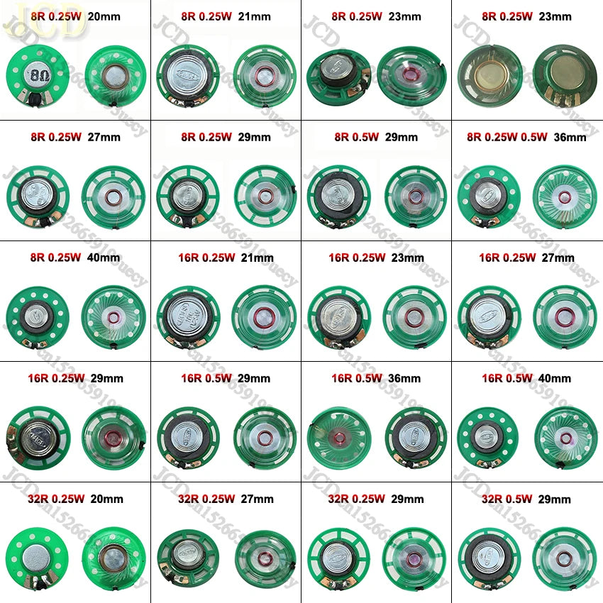 JCD 2PCS 8 Ohm 0.25W 0.5W 16/32Ohm Horn Loudspeaker 8R 16R 32R 20mm 21mm 23mm 27mm 29mm 36mm 40mm Diameter Loud Speaker