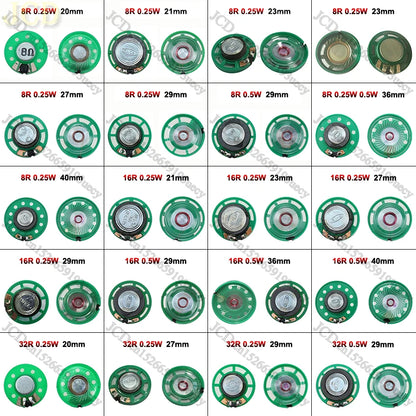JCD 2PCS 8 Ohm 0.25W 0.5W 16/32Ohm Horn Loudspeaker 8R 16R 32R 20mm 21mm 23mm 27mm 29mm 36mm 40mm Diameter Loud Speaker