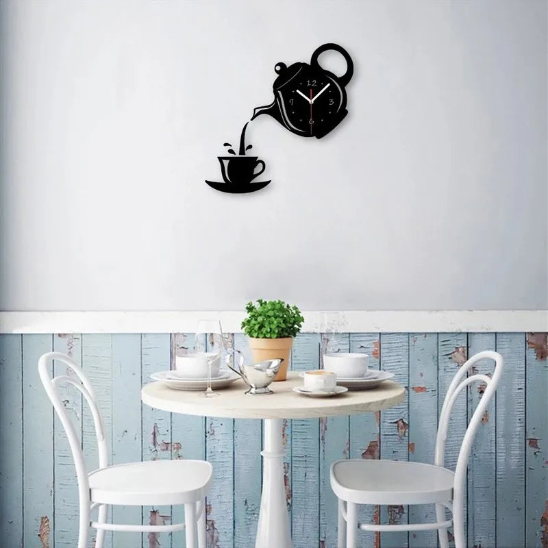 3D DIY Teapot Shape Wall Clock Acrylic Mirror Clock Modern Kitchen Home Decor Wall Sticker Hollow Digital Clock watch home clock Beauty World Shop