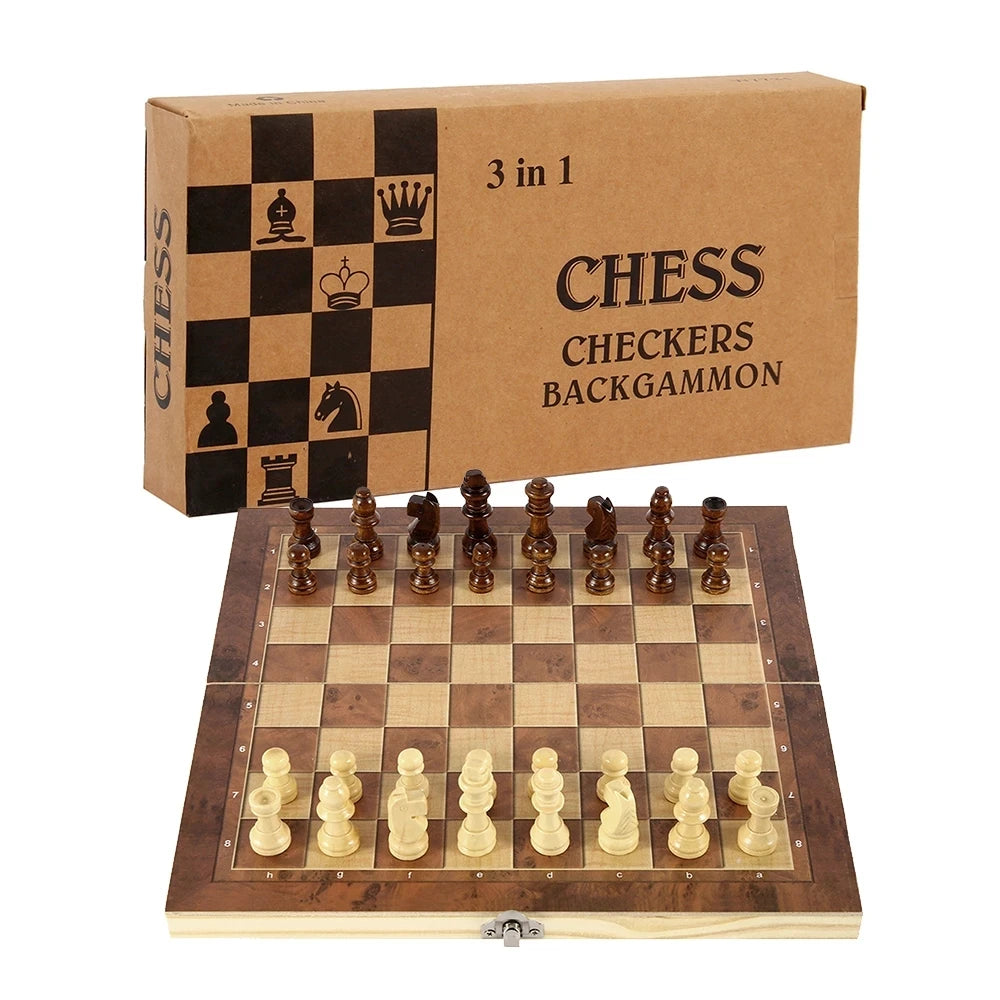 3 in 1 Chess Board, Folding Wooden Portable Chess Game Board, Wooden Chess Board for Adults(Chess + Checkers and Backgammon) Beauty World Shop