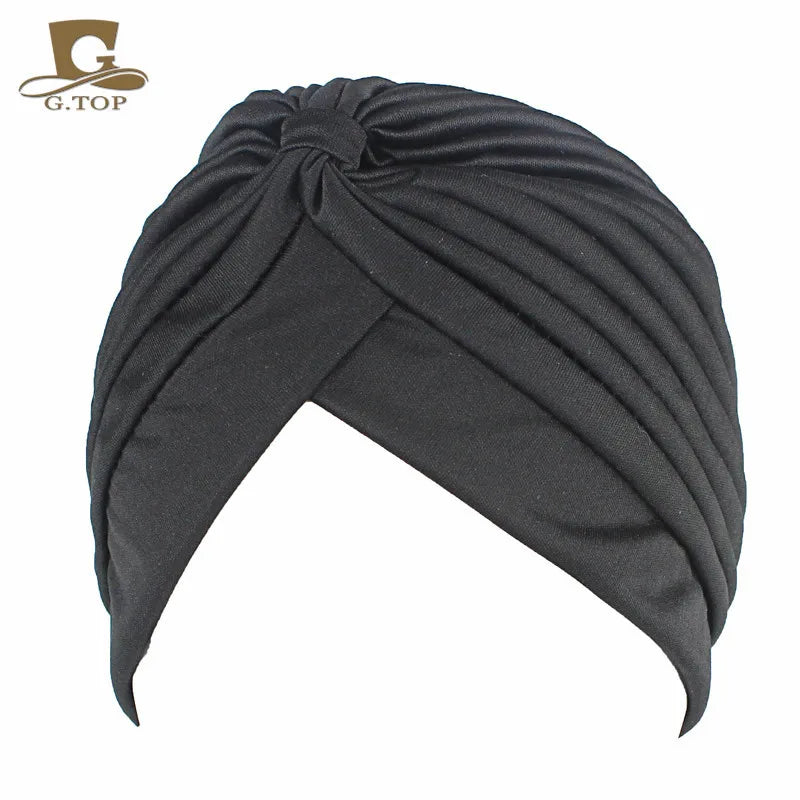 New Knotted Ruffle Turban Ladies Soft Headscarf Casual Streetwear Female Muslim Hijab Indian Hats Cancer Chemo Cap Turbante Beauty World Shop