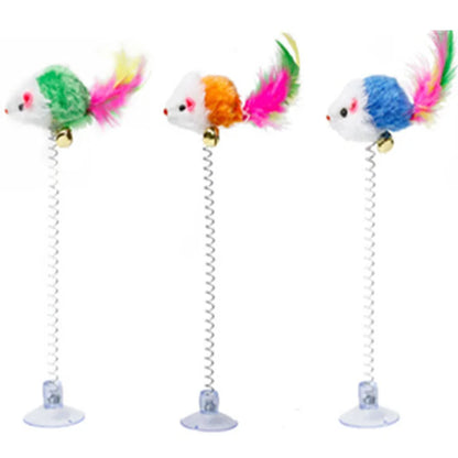 Swinging Mouse Toy - Suction Cup, Spring, and Feather Mouse Toy with Bell Sound, Interactive Cat Toy