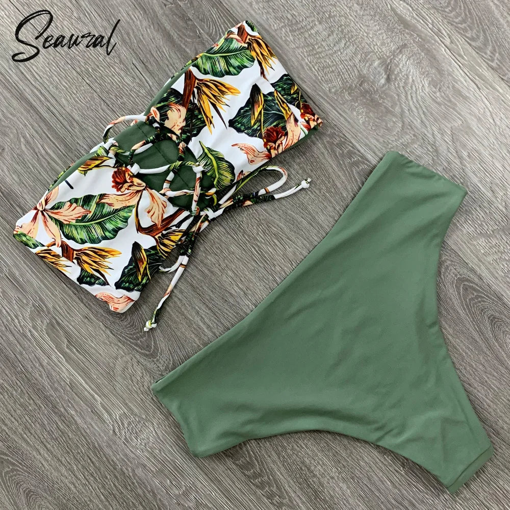 2025 New Sexy Low Hight Bikini Set Swimwear Women Bandeau Female Print Floral Strappy Swimsuit Bathing Suit Beach Wear Biquini Beauty World Shop