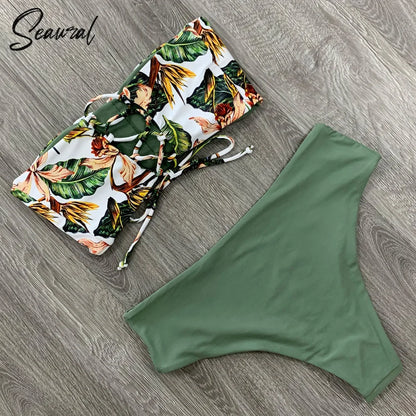 2025 New Sexy Low Hight Bikini Set Swimwear Women Bandeau Female Print Floral Strappy Swimsuit Bathing Suit Beach Wear Biquini Beauty World Shop