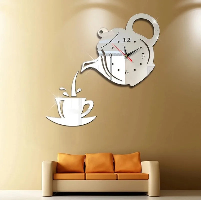 3D DIY Teapot Shape Wall Clock Acrylic Mirror Clock Modern Kitchen Home Decor Wall Sticker Hollow Digital Clock watch home clock Beauty World Shop