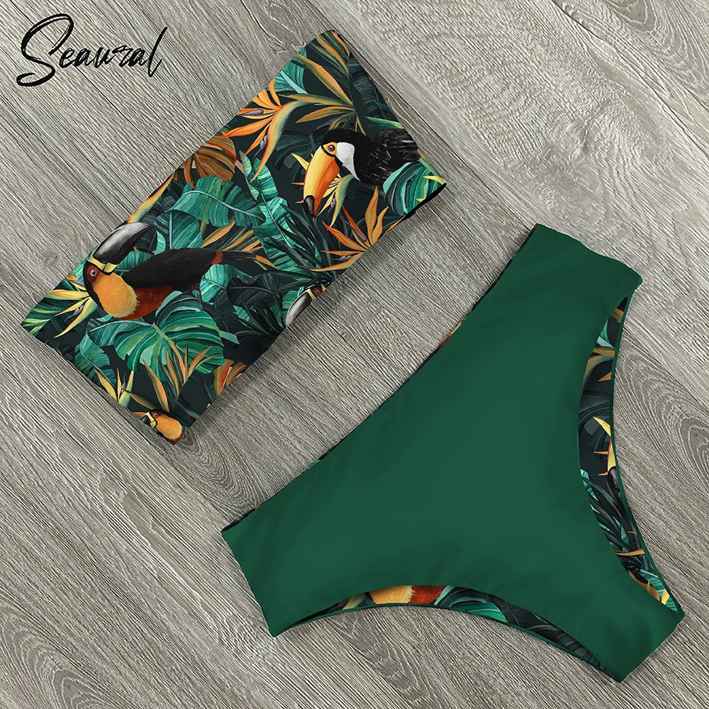2025 New Sexy Low Hight Bikini Set Swimwear Women Bandeau Female Print Floral Strappy Swimsuit Bathing Suit Beach Wear Biquini Beauty World Shop