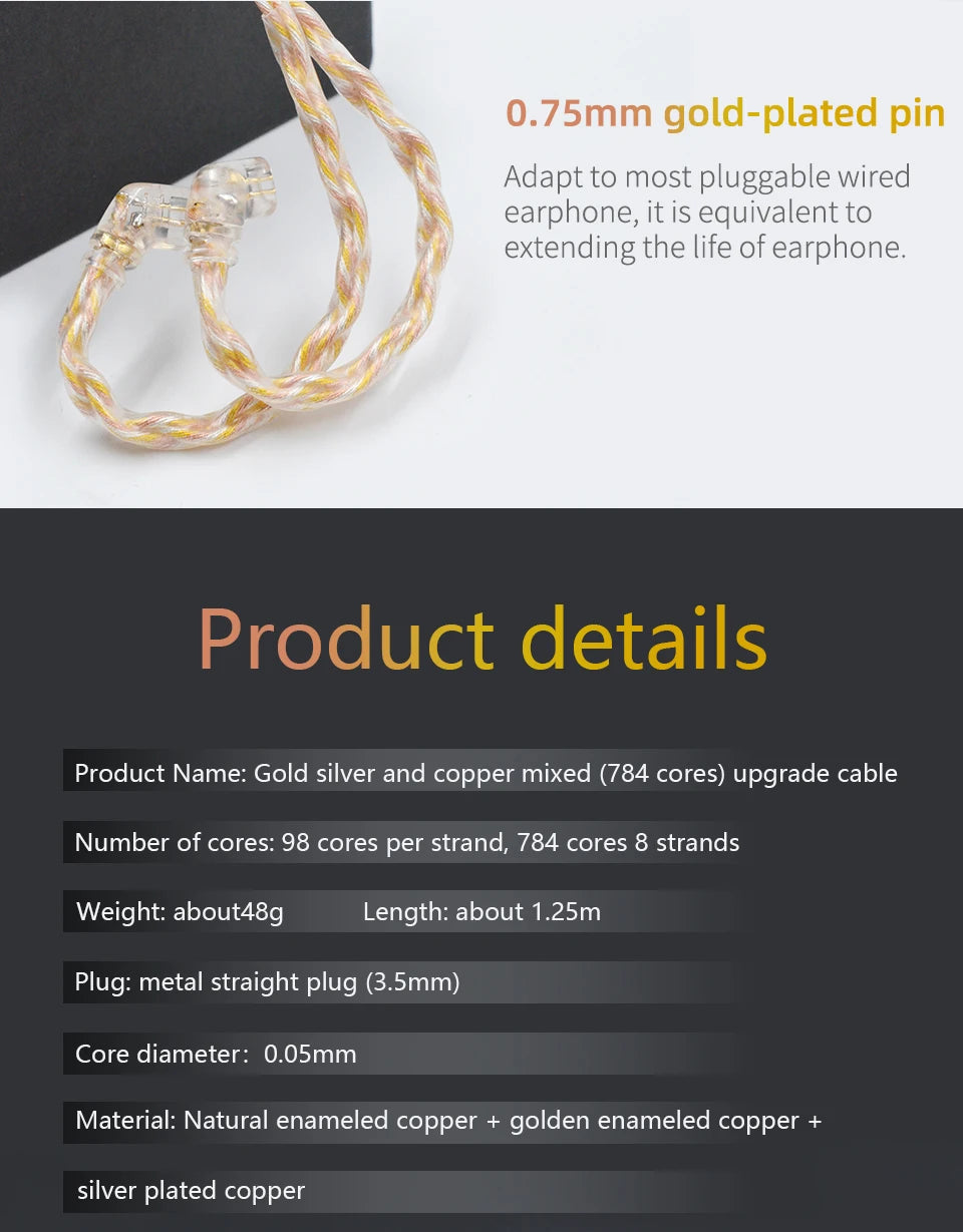 KZ 8 Core Gold Silver Copper Mixed Plated Upgrade Cable Earphones Cable With 3.5mm 0.75mm Pin KZ ZSN PRO ZSX DQ6 ZAX ZS10 PRO
