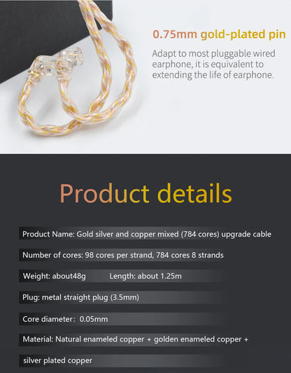 KZ 8 Core Gold Silver Copper Mixed Plated Upgrade Cable Earphones Cable With 3.5mm 0.75mm Pin KZ ZSN PRO ZSX DQ6 ZAX ZS10 PRO