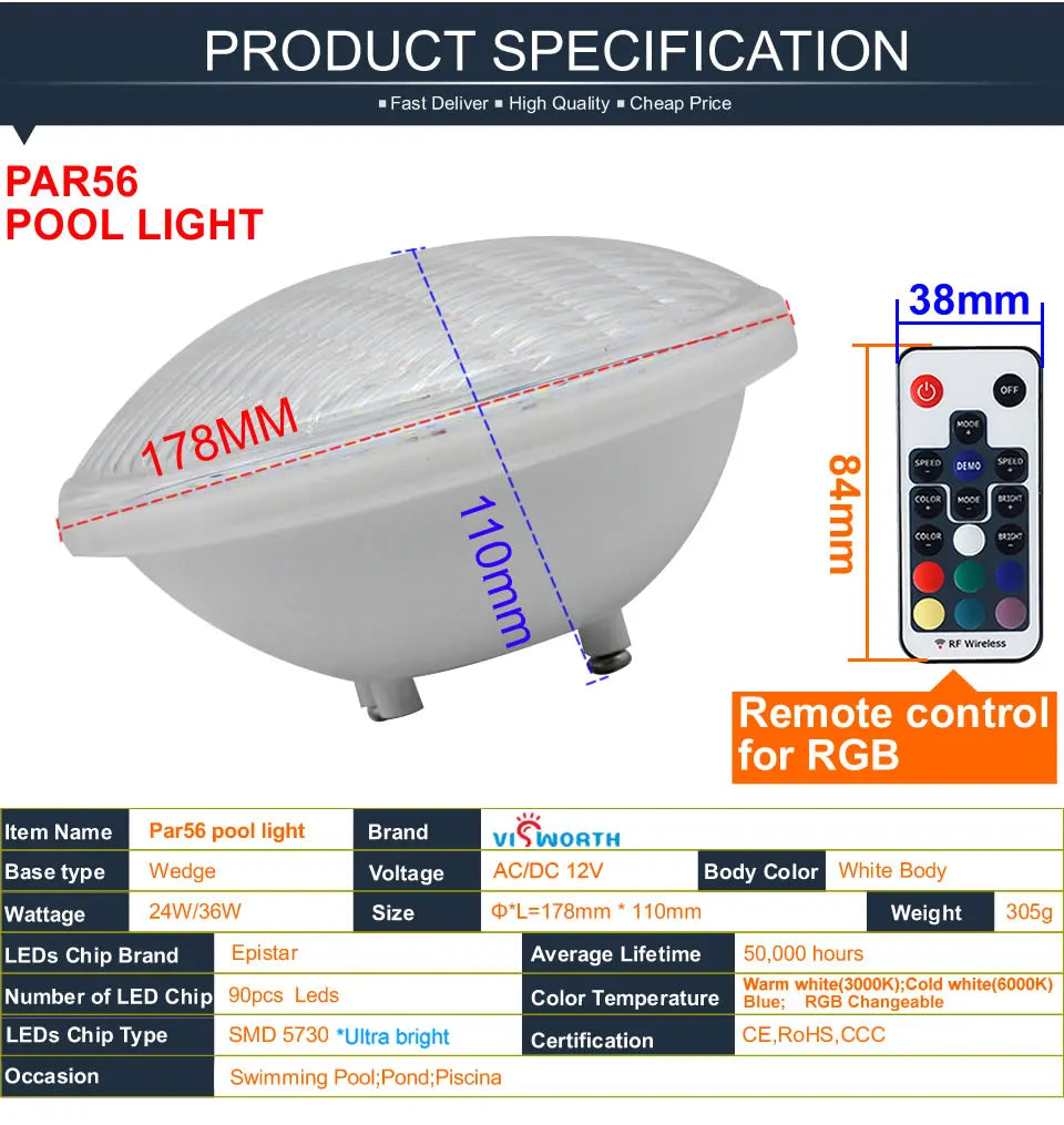 RGB Pool Light Par56 Luz Piscina 24W 36W Underwater Led Lamp Ip68 Waterproof Pond Lights 12V Led Light replace Halogen Lamp Beauty World Shop