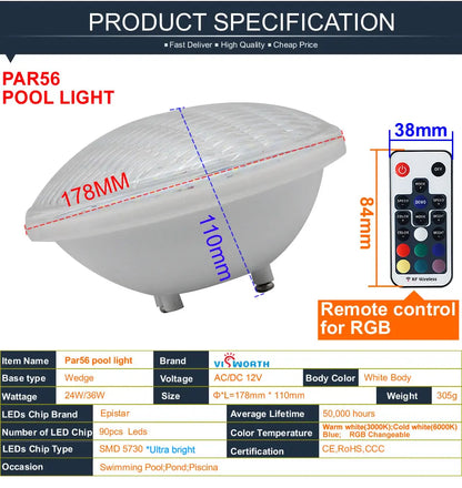 RGB Pool Light Par56 Luz Piscina 24W 36W Underwater Led Lamp Ip68 Waterproof Pond Lights 12V Led Light replace Halogen Lamp Beauty World Shop