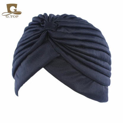 New Knotted Ruffle Turban Ladies Soft Headscarf Casual Streetwear Female Muslim Hijab Indian Hats Cancer Chemo Cap Turbante Beauty World Shop