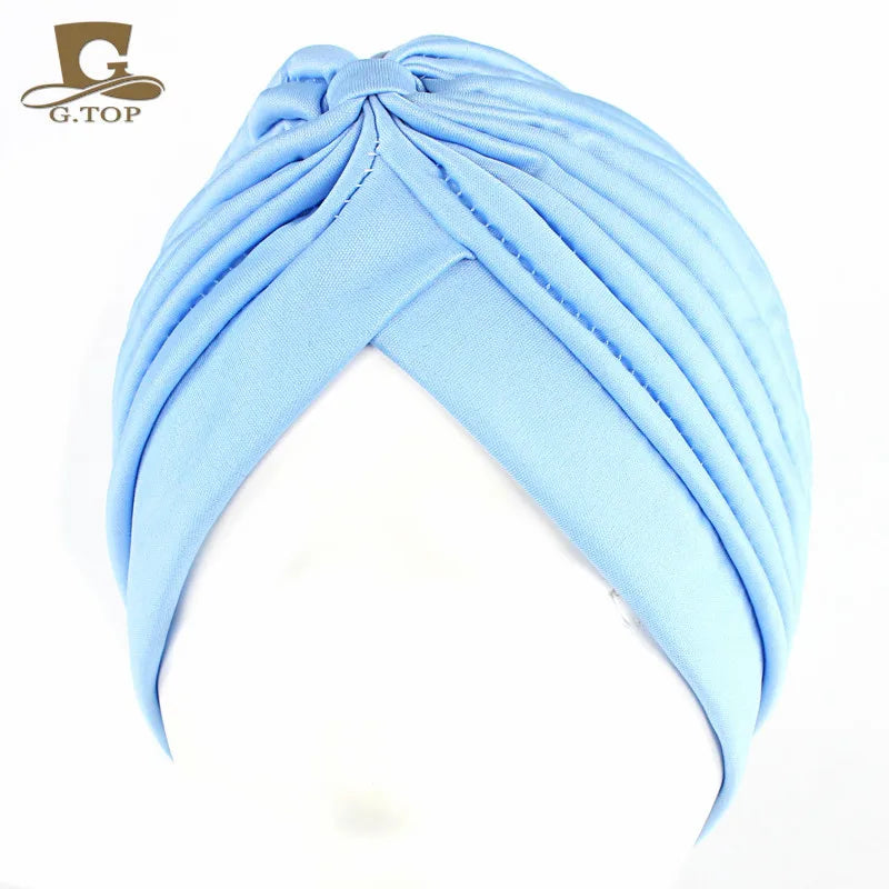 New Knotted Ruffle Turban Ladies Soft Headscarf Casual Streetwear Female Muslim Hijab Indian Hats Cancer Chemo Cap Turbante Beauty World Shop