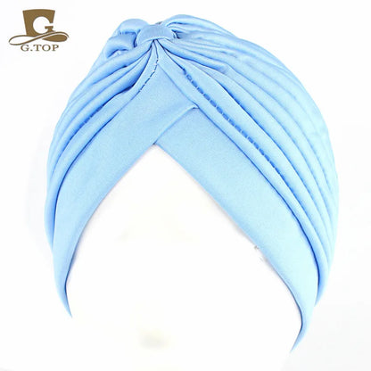 New Knotted Ruffle Turban Ladies Soft Headscarf Casual Streetwear Female Muslim Hijab Indian Hats Cancer Chemo Cap Turbante Beauty World Shop