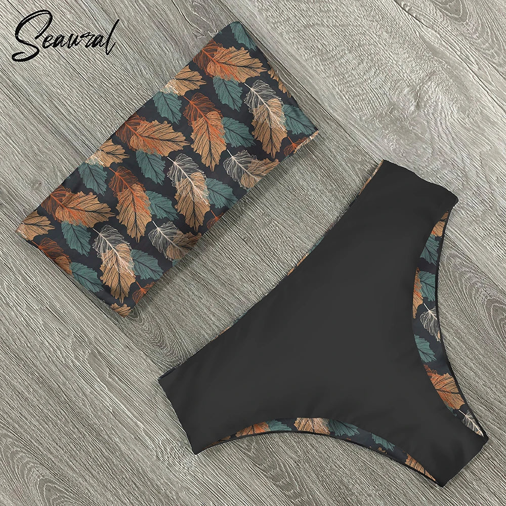 2025 New Sexy Low Hight Bikini Set Swimwear Women Bandeau Female Print Floral Strappy Swimsuit Bathing Suit Beach Wear Biquini Beauty World Shop