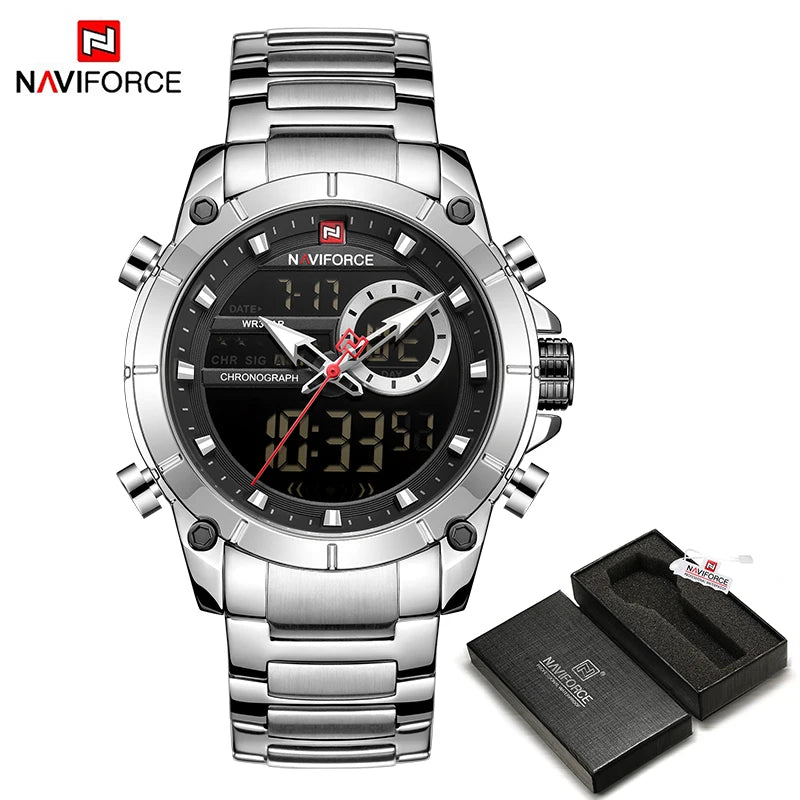 NAVIFORCE 9163 Luxury Original Sport Wrist Watch For Men Quartz Steel Waterproof Dual Display Military Watches Relogio Masculino Beauty World Shop