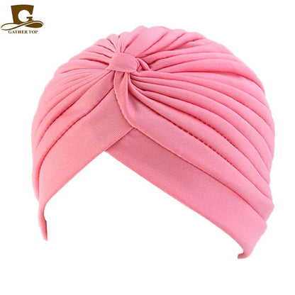 New Knotted Ruffle Turban Ladies Soft Headscarf Casual Streetwear Female Muslim Hijab Indian Hats Cancer Chemo Cap Turbante Beauty World Shop