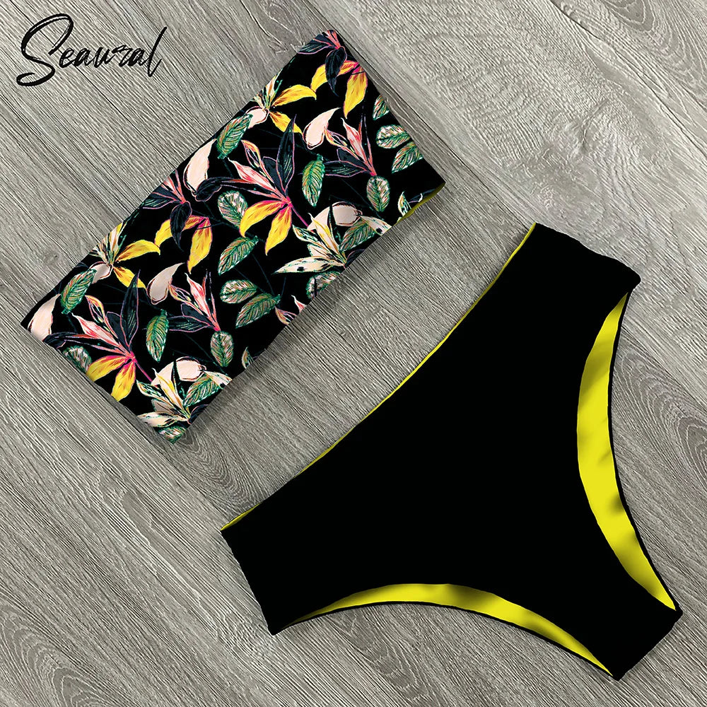 2025 New Sexy Low Hight Bikini Set Swimwear Women Bandeau Female Print Floral Strappy Swimsuit Bathing Suit Beach Wear Biquini Beauty World Shop
