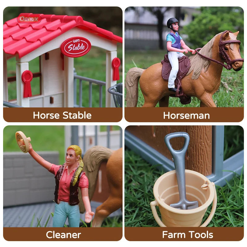 Oenux Farm Stable House Model Action Figures Emulational Horseman Horse Animals Playset Figurine Cute Educational Kids Toy Gift Beauty World Shop