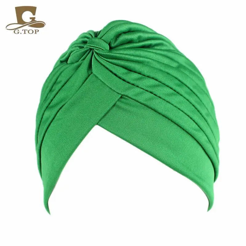 New Knotted Ruffle Turban Ladies Soft Headscarf Casual Streetwear Female Muslim Hijab Indian Hats Cancer Chemo Cap Turbante Beauty World Shop