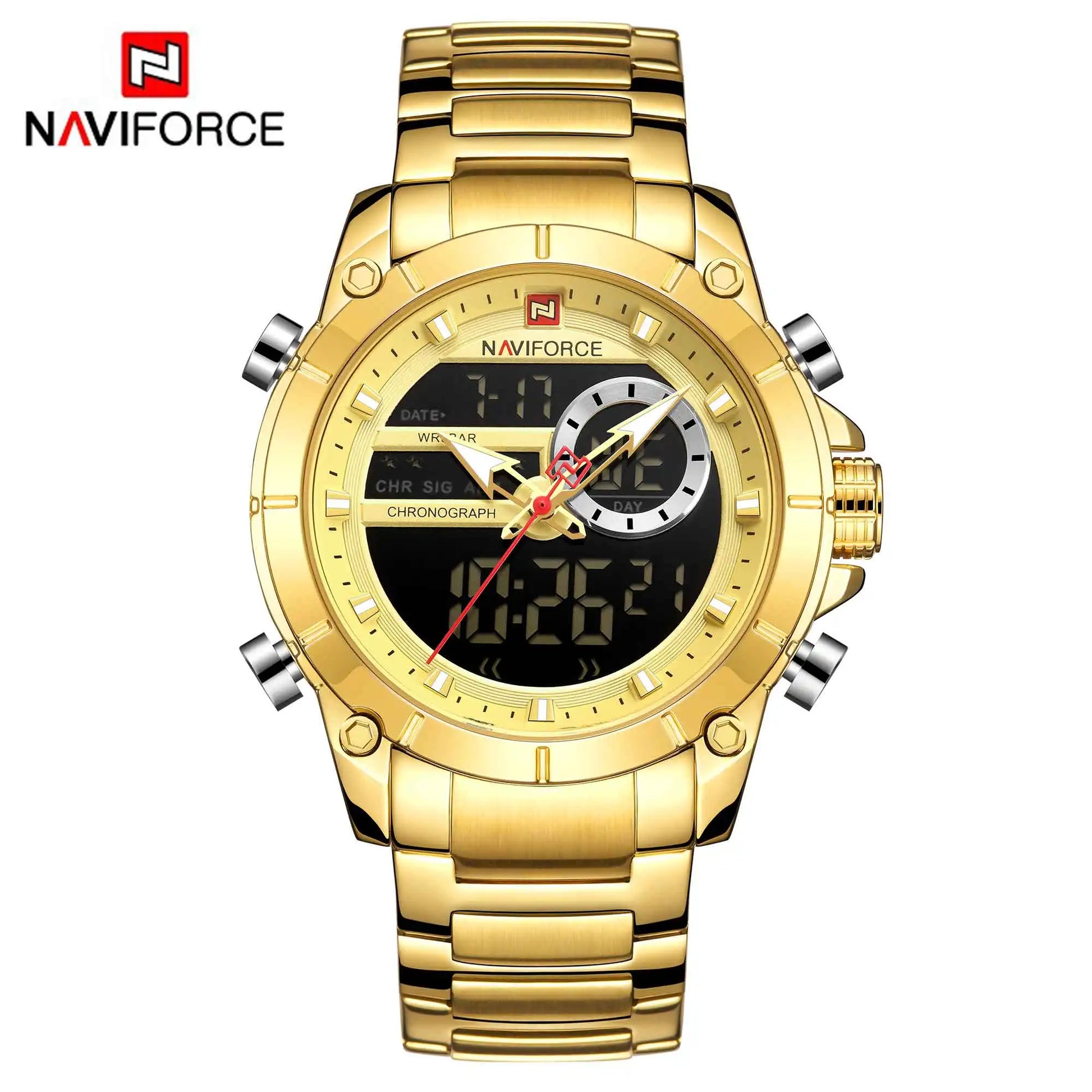 NAVIFORCE 9163 Luxury Original Sport Wrist Watch For Men Quartz Steel Waterproof Dual Display Military Watches Relogio Masculino Beauty World Shop
