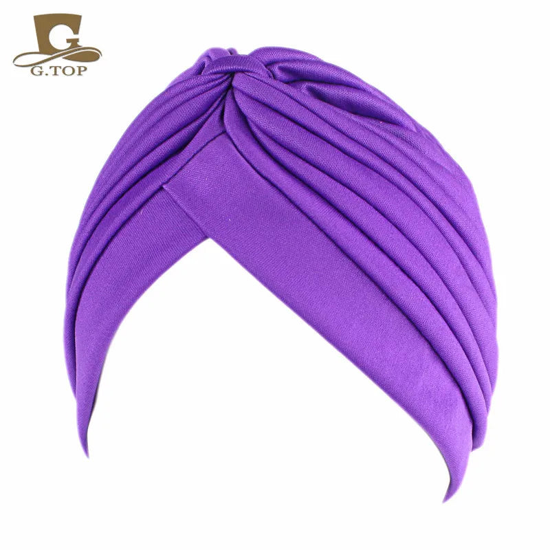 New Knotted Ruffle Turban Ladies Soft Headscarf Casual Streetwear Female Muslim Hijab Indian Hats Cancer Chemo Cap Turbante Beauty World Shop