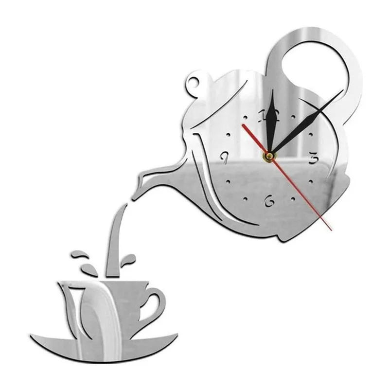 3D DIY Teapot Shape Wall Clock Acrylic Mirror Clock Modern Kitchen Home Decor Wall Sticker Hollow Digital Clock watch home clock Beauty World Shop