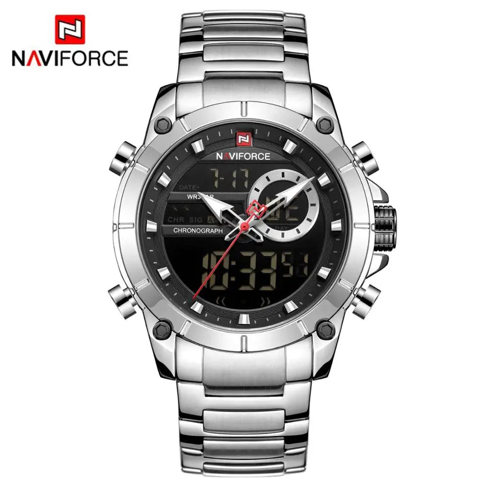 NAVIFORCE 9163 Luxury Original Sport Wrist Watch For Men Quartz Steel Waterproof Dual Display Military Watches Relogio Masculino Beauty World Shop