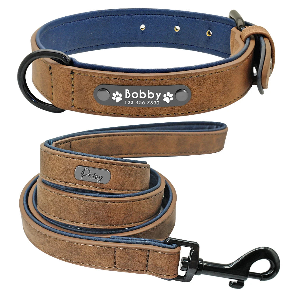 Leather Dog Collar Leash Set Personalized Customized Dogs Collars 2 Layer Leather Dog Leash For Small Medium Large Dogs Pitbull Beauty World Shop