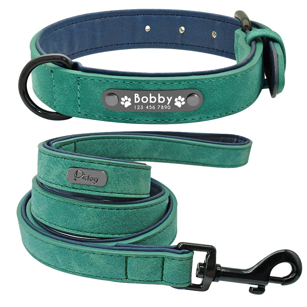Leather Dog Collar Leash Set Personalized Customized Dogs Collars 2 Layer Leather Dog Leash For Small Medium Large Dogs Pitbull Beauty World Shop