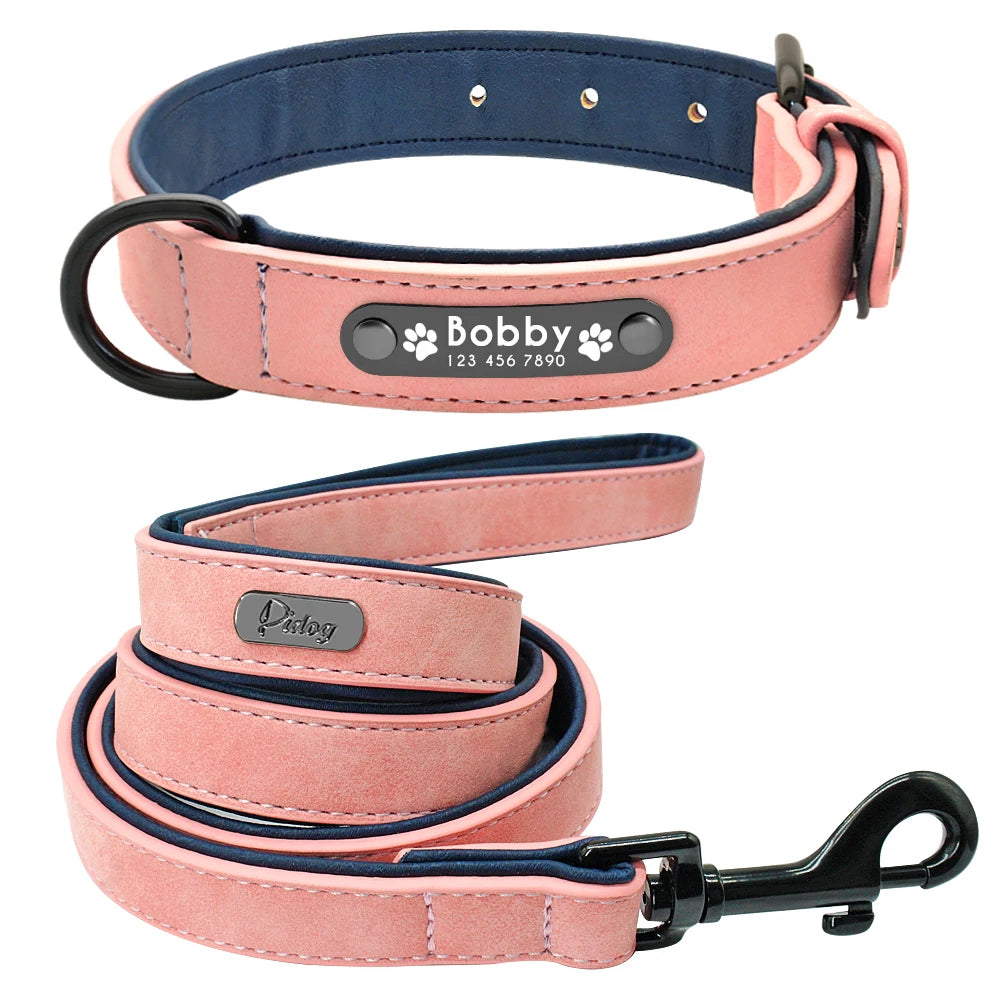 Leather Dog Collar Leash Set Personalized Customized Dogs Collars 2 Layer Leather Dog Leash For Small Medium Large Dogs Pitbull Beauty World Shop