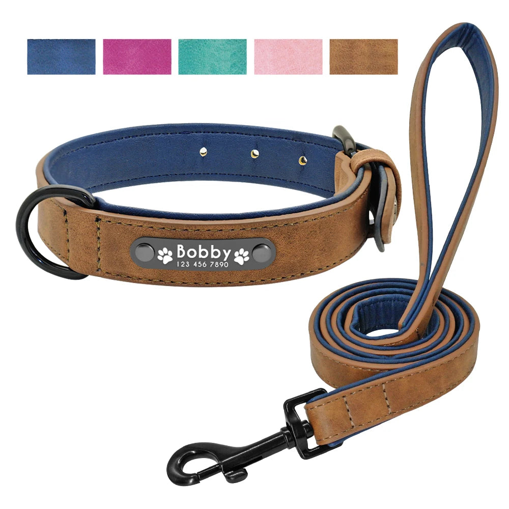 Leather Dog Collar Leash Set Personalized Customized Dogs Collars 2 Layer Leather Dog Leash For Small Medium Large Dogs Pitbull Beauty World Shop