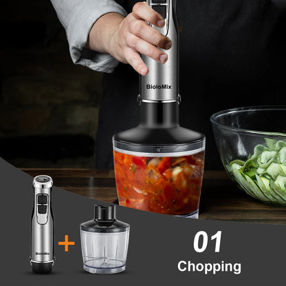 BioloMix 4 in 1 High Power 1200W Immersion Hand Stick Blender Mixer Includes Chopper and Smoothie Cup Stainless Steel Ice Blades Beauty World Shop