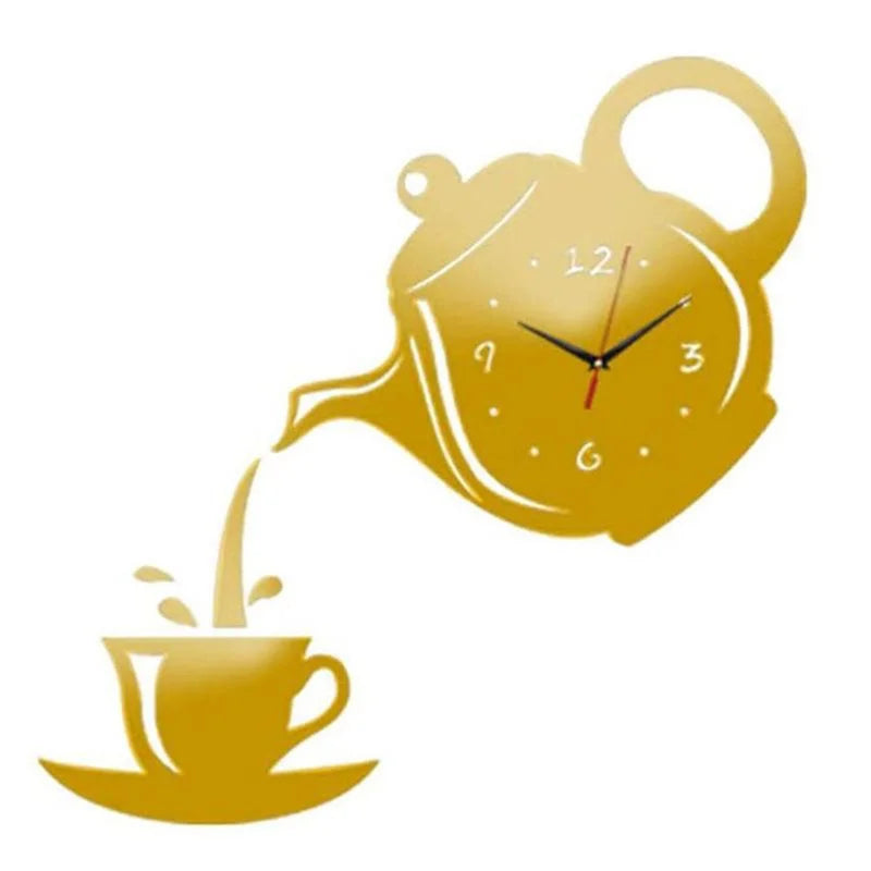 3D DIY Teapot Shape Wall Clock Acrylic Mirror Clock Modern Kitchen Home Decor Wall Sticker Hollow Digital Clock watch home clock Beauty World Shop