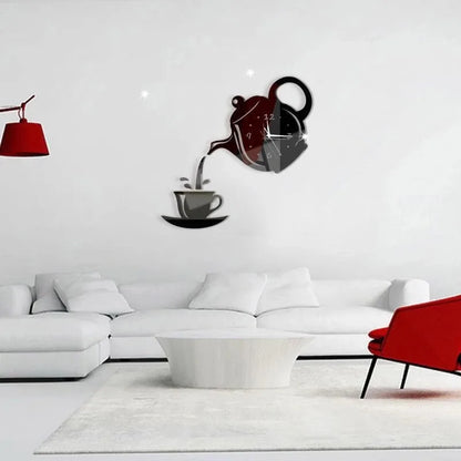 3D DIY Teapot Shape Wall Clock Acrylic Mirror Clock Modern Kitchen Home Decor Wall Sticker Hollow Digital Clock watch home clock Beauty World Shop