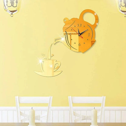 3D DIY Teapot Shape Wall Clock Acrylic Mirror Clock Modern Kitchen Home Decor Wall Sticker Hollow Digital Clock watch home clock Beauty World Shop