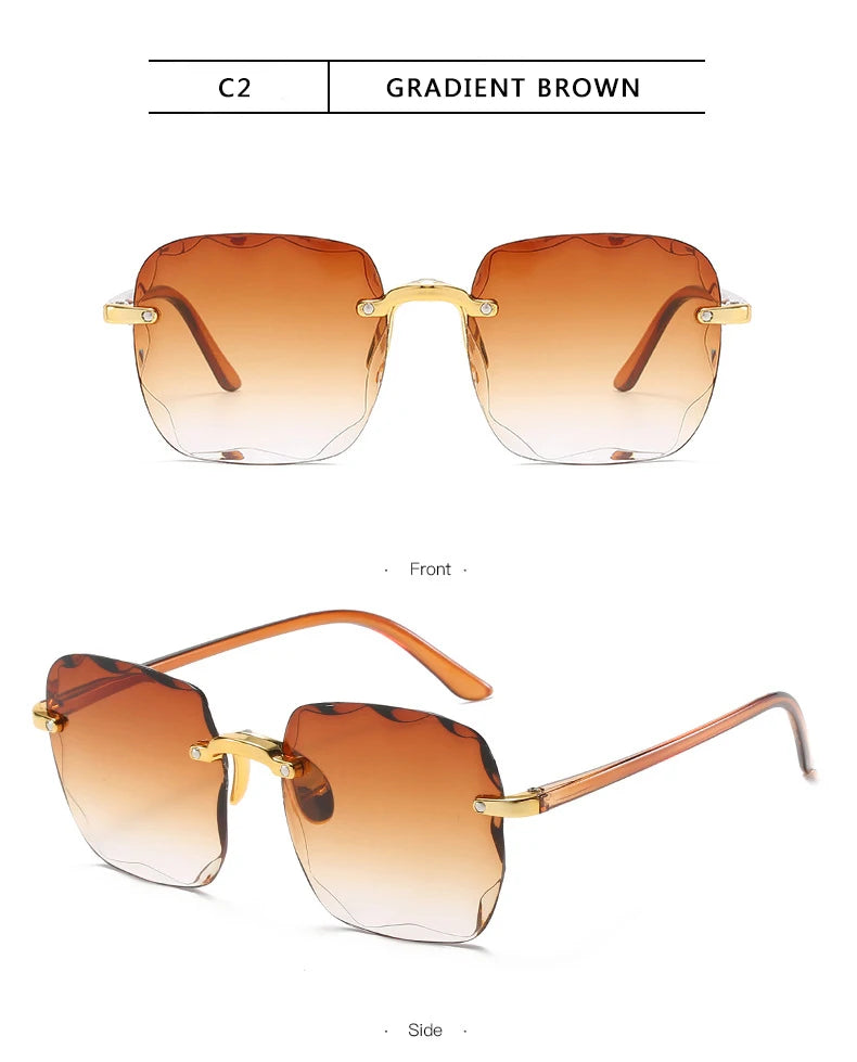 3PCS Square Rimless Sunglasses Women Luxury Brand Designer Summer Red Glasses Fashion Sun glasses For Men UV400 Shades Oculos Beauty World Shop