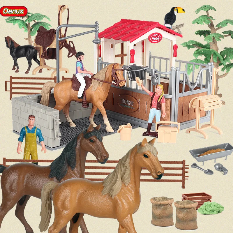 Oenux Farm Stable House Model Action Figures Emulational Horseman Horse Animals Playset Figurine Cute Educational Kids Toy Gift Beauty World Shop