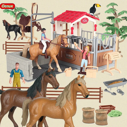 Oenux Farm Stable House Model Action Figures Emulational Horseman Horse Animals Playset Figurine Cute Educational Kids Toy Gift Beauty World Shop