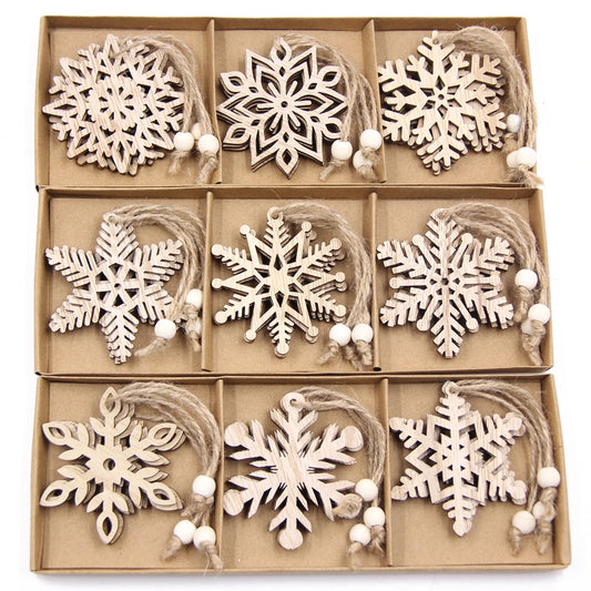 12PCS/Box Wooden Hollow Snowflake Christmas Vintage Pendants Xmas Hanging Ornaments for Noel Tree Decorations DIY Painting Gifts Beauty World Shop