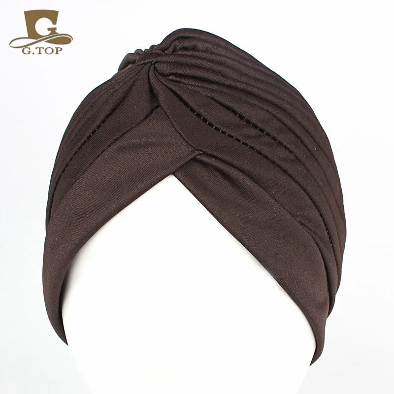 New Knotted Ruffle Turban Ladies Soft Headscarf Casual Streetwear Female Muslim Hijab Indian Hats Cancer Chemo Cap Turbante Beauty World Shop