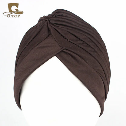 New Knotted Ruffle Turban Ladies Soft Headscarf Casual Streetwear Female Muslim Hijab Indian Hats Cancer Chemo Cap Turbante Beauty World Shop