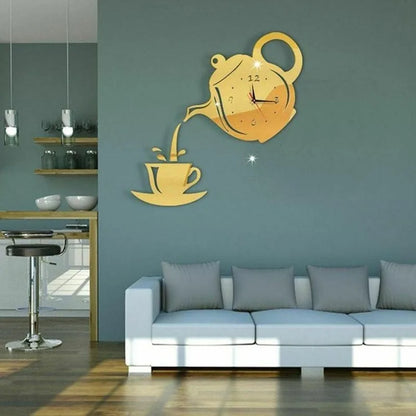 3D DIY Teapot Shape Wall Clock Acrylic Mirror Clock Modern Kitchen Home Decor Wall Sticker Hollow Digital Clock watch home clock Beauty World Shop