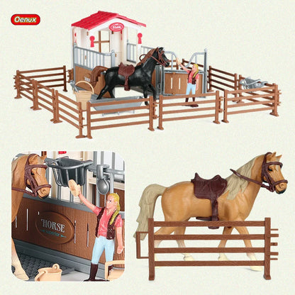 Oenux Farm Stable House Model Action Figures Emulational Horseman Horse Animals Playset Figurine Cute Educational Kids Toy Gift Beauty World Shop