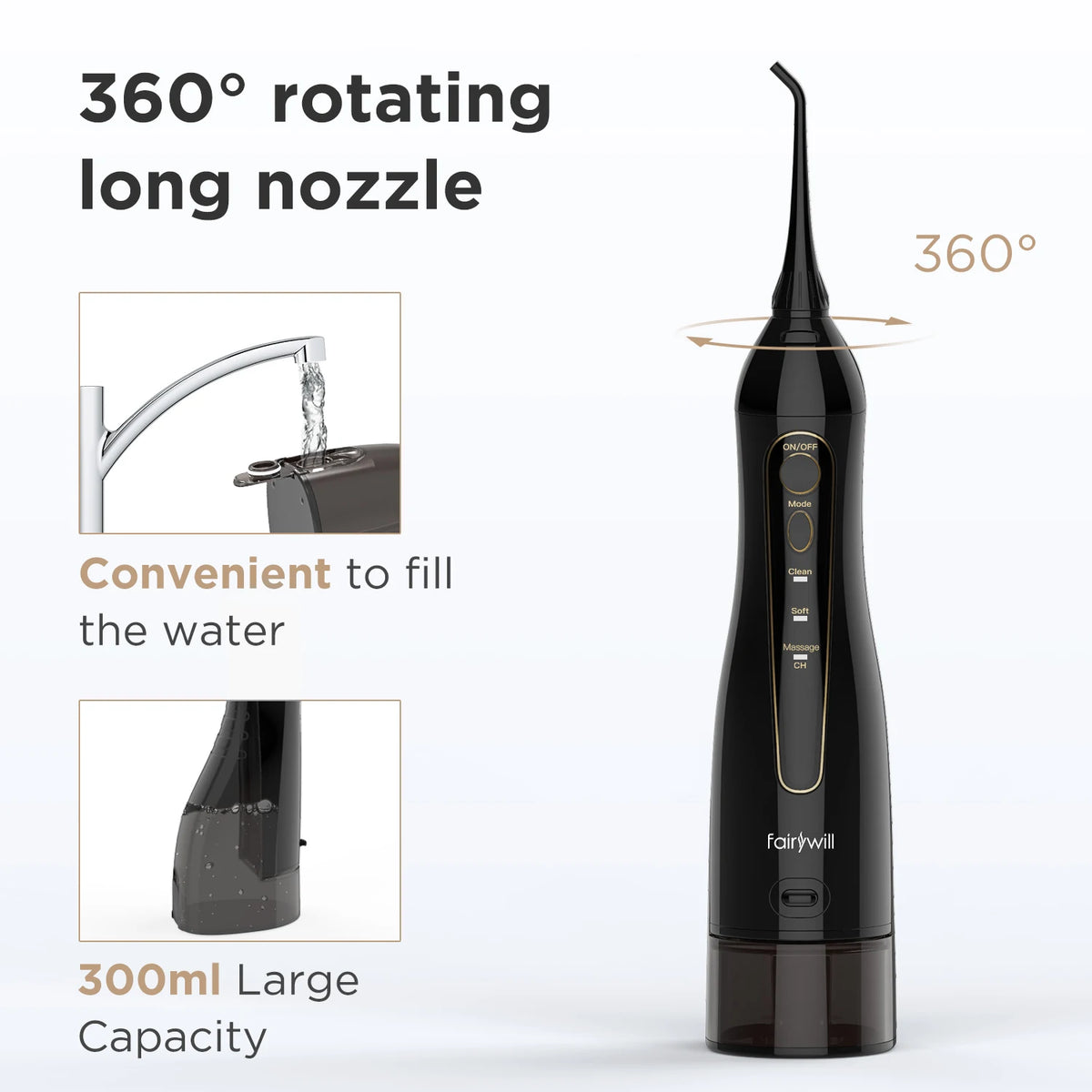 Fairywill Water Flossers for Teeth 300ML Oral Irrigator Rechargeable Portable Dental 3 Modes Water Tank Waterproof Teeth Cleaner Beauty World Shop