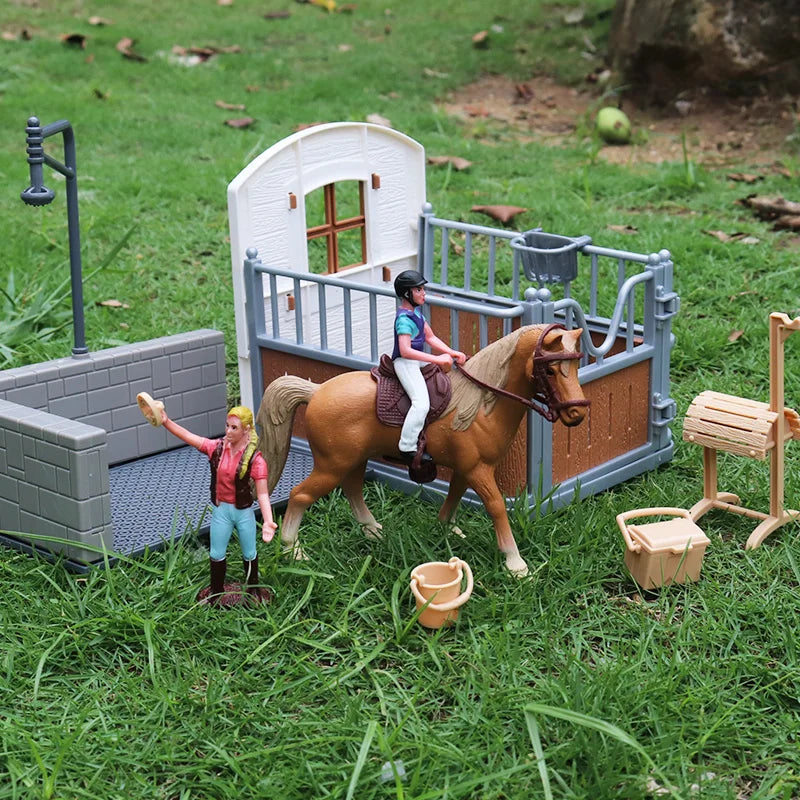 Oenux Farm Stable House Model Action Figures Emulational Horseman Horse Animals Playset Figurine Cute Educational Kids Toy Gift Beauty World Shop
