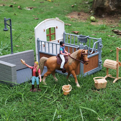 Oenux Farm Stable House Model Action Figures Emulational Horseman Horse Animals Playset Figurine Cute Educational Kids Toy Gift Beauty World Shop