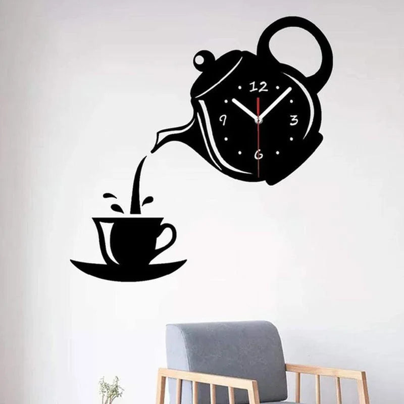 3D DIY Teapot Shape Wall Clock Acrylic Mirror Clock Modern Kitchen Home Decor Wall Sticker Hollow Digital Clock watch home clock Beauty World Shop