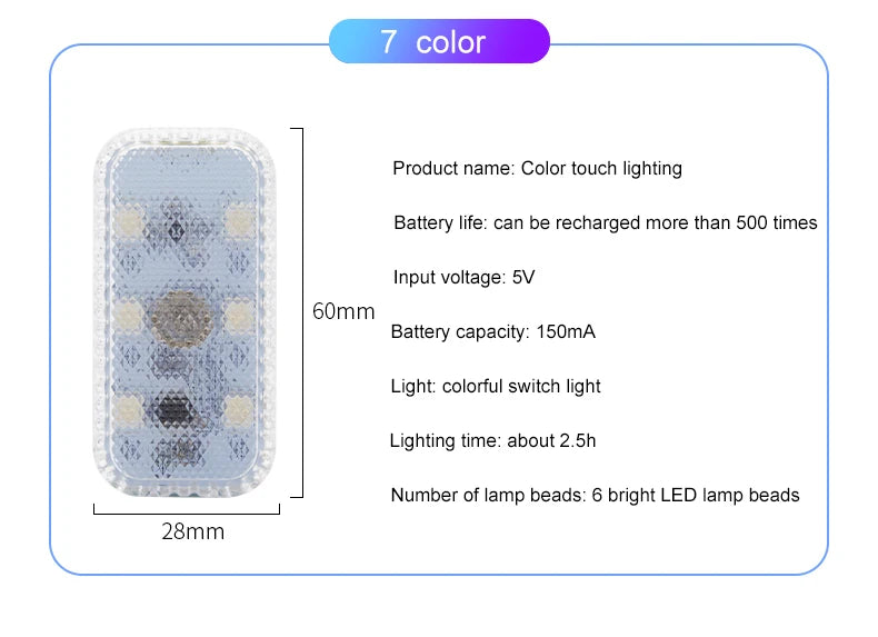 LED Touch Light Mini Wireless Car Interior Lighting Auto Roof Ceiling Reading Lamp for Door Foot Trunk Storage Box USB Charging Beauty World Shop