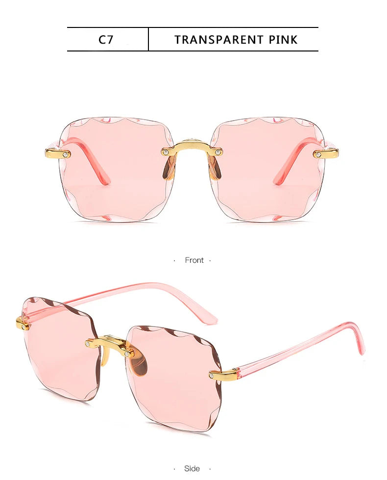 3PCS Square Rimless Sunglasses Women Luxury Brand Designer Summer Red Glasses Fashion Sun glasses For Men UV400 Shades Oculos Beauty World Shop